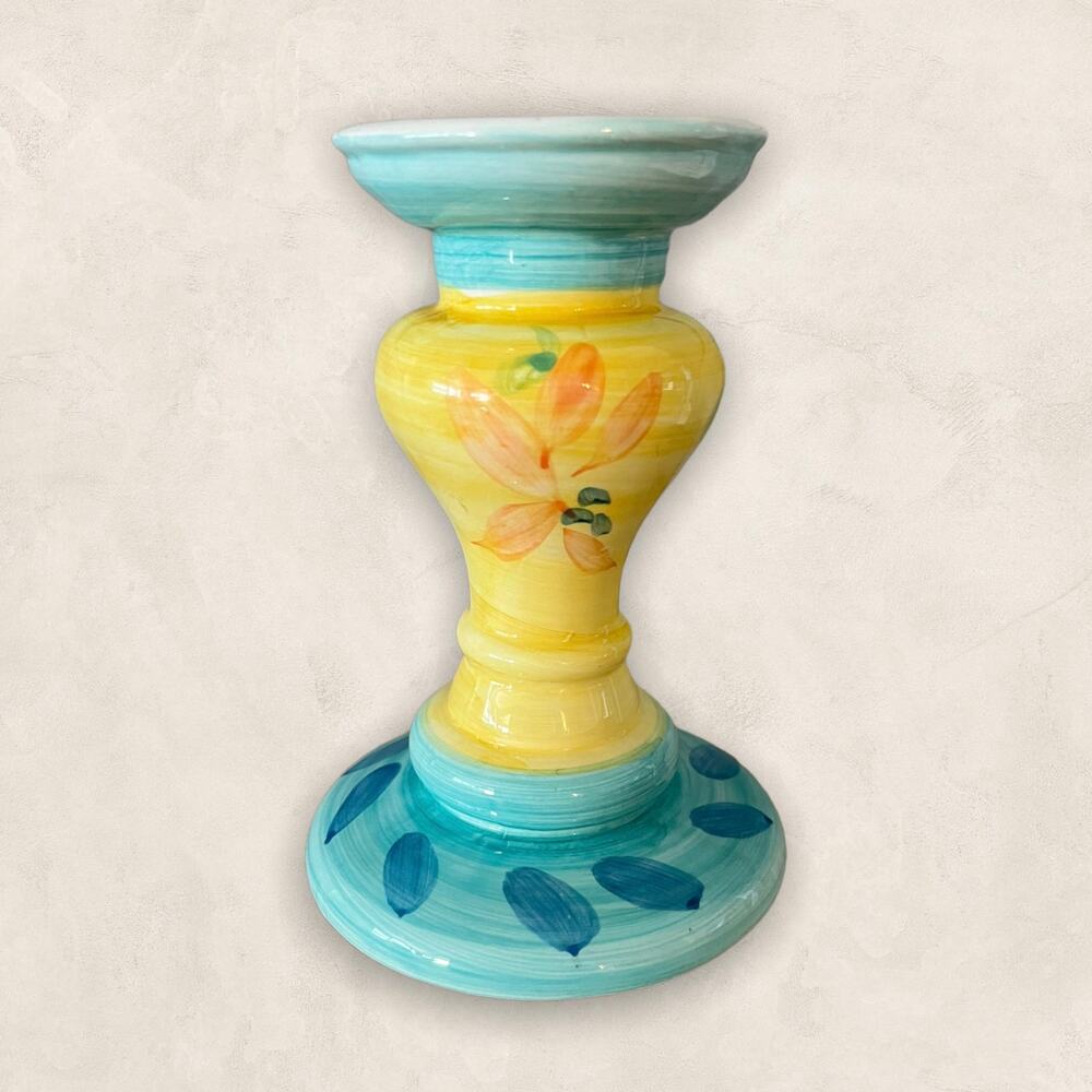 HAND PAINTED Candlestick Shabby Chic Floral Yellow Blue Floral Decorative EUC - Picture 2 of 5